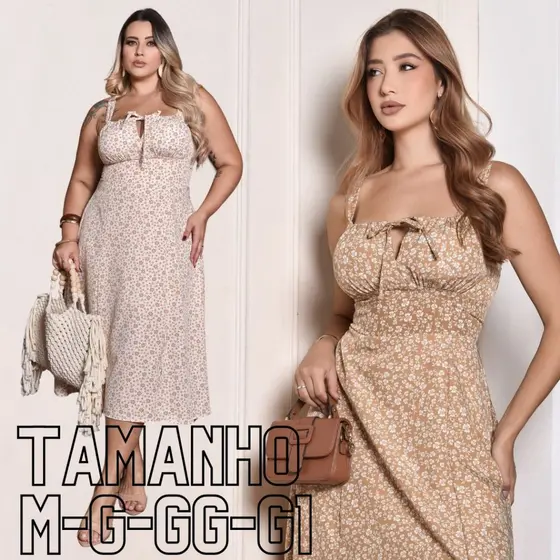 Vestido Feminino Mídi Romântico Casual Estampa Floral Plus Size Fenda lateral Elastex Costa Laço no Busto Tendencia 2026