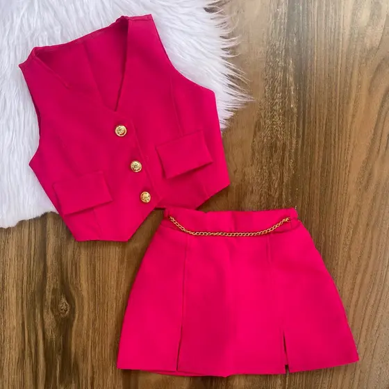 Conjunto Infantil Menina Alfaiataria Colete e Short Saia Modinha Blogueirinha