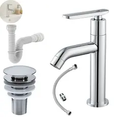 Kit Torneira Banheiro Bica Alta Cromado +Ralo Válvula Click 7/8+Sifão Flexível +Engate Rabicho 40cm