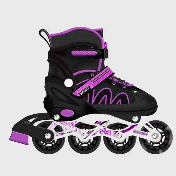 Patins Roller Inline Reto Preto Com Rosa Ajustavel ( Primeira Roda Com Led ) Black Friday