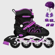 Patins Inline De 4 Rodas Reta Infantil Com Protecao Preto Com Roxo Ajustavel E Freio Promocao