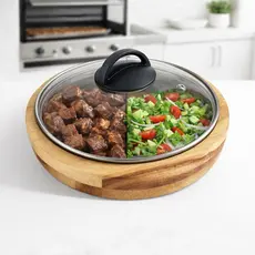 Gamela Madeira Teca Tampa de Vidro Porta Carne Churrascos Premium Servir Petisqueira Mesa Posta