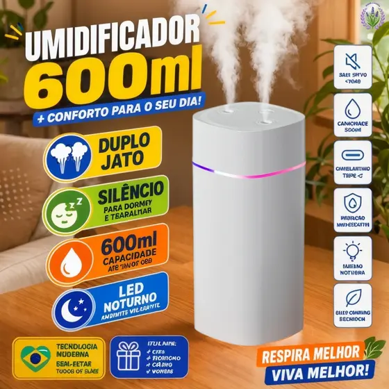 Umidificador De Ar E Difusor Aromatizador Grande De Ambiente 600ml Purificador De Ar Portátil Usb