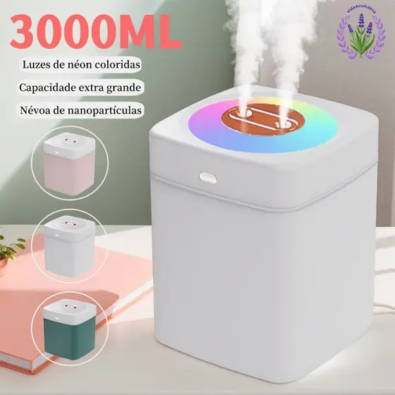Umidificador Grande 3000ml Saída Dupla Luzes LED's Coloridas Silencioso e Neblinas Controláveis