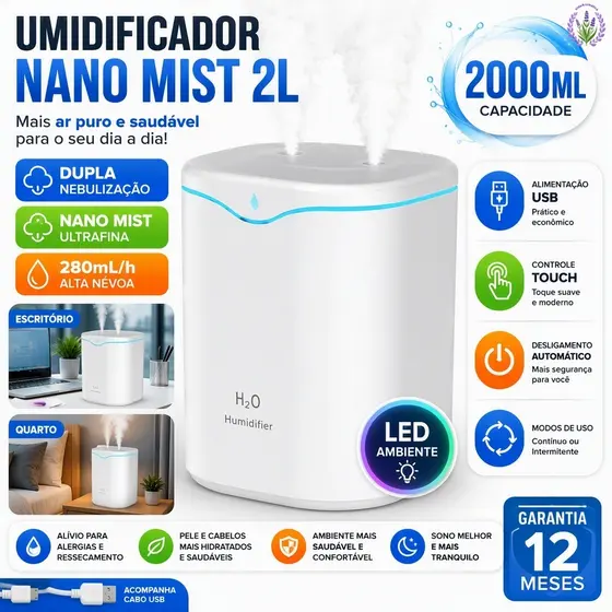 Umidificador Grande De Ar 2 Litros Para Quarto Silencioso e Aromatizador Saída Dupla Luzes Coloridas