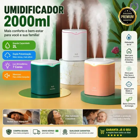 Grande Umidificador De Ar Aromatizador De Ambiente Com Bico Duplo Difusor Elétrico Usb Led 2000ml