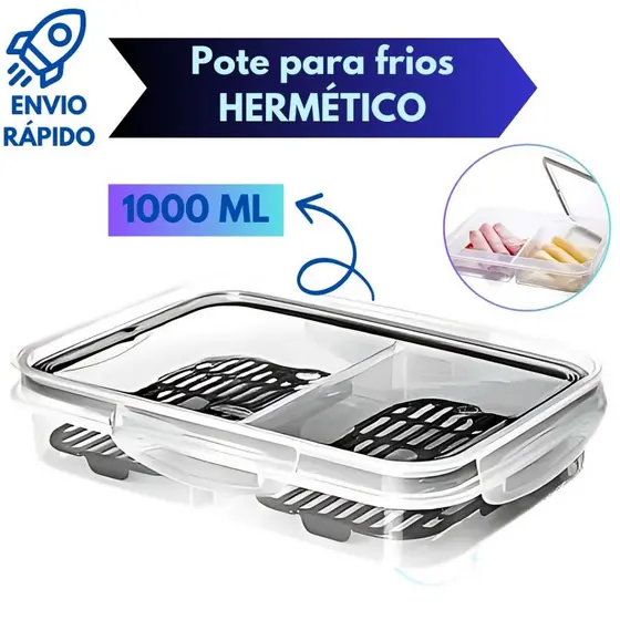 Pote Hermético Porta Frios Com Escorredor Trava Tampa 2 Divisórias Retangular