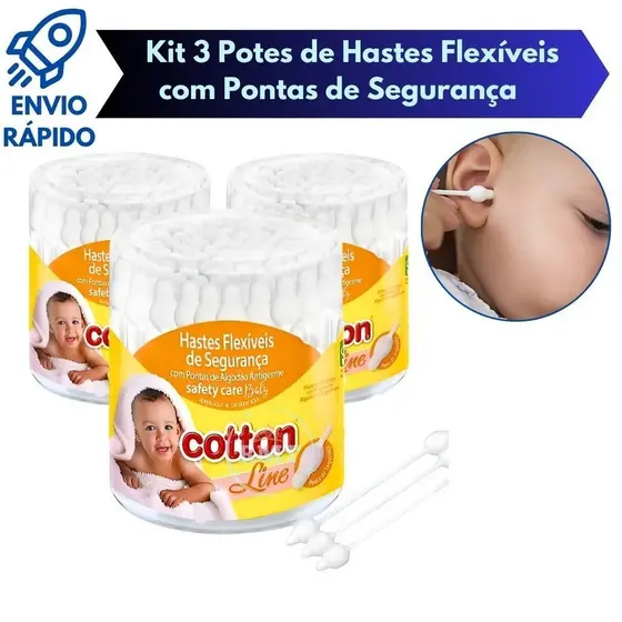 3 Potes de Hastes Flexíveis Com Pontas De Segurança Para Bebês Recém Nascido Antigerme 45 Un Cada