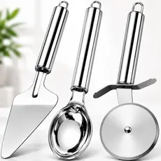 Kit 3 Em Inox Colher De Sorvete/Açaí Carretilha Cortador De Pizza E Espátula De Bolo