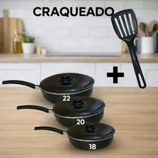 Kit 3 Frigideiras de Alumínio Craquelado Preto 18cm 20cm 22cm com Tampas + Espátula
