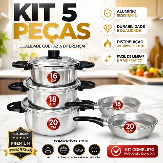 Kit Panela, Três Caçarola e Duas Frigideira Polida - Conjunto Completo
