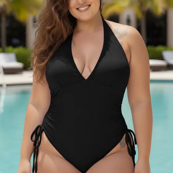 Maiô Feminino Plus Size Regulagem Lateral Básico Liso Moda Praia Grande Decote Sem Transparência