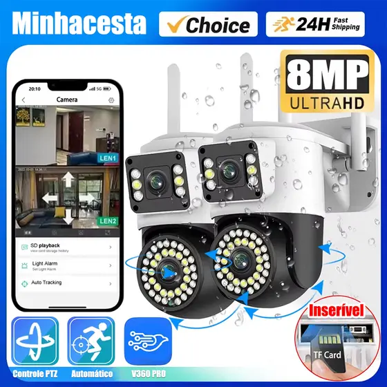 Câmera Segurança WiFI IP 2 Lentes Visão Noturna Microfone a Prova D'água gira 360 App V360 G1
