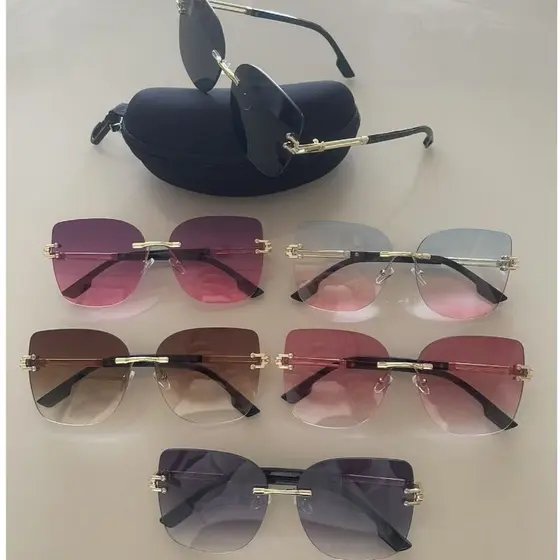 Óculos de Sol Feminino Sem Aro – Lentes Degradê UV400 com Armação Dourada + Estojo Protetor