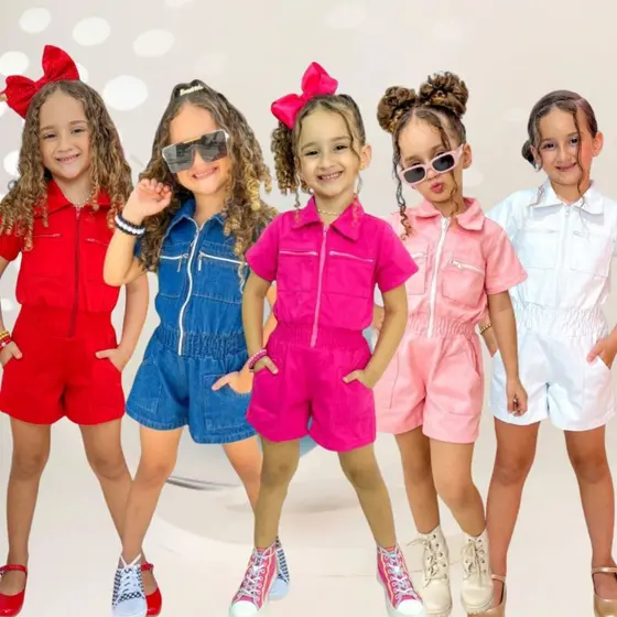 Macacao Macaquinho Jardineira Jeans Infantil Feminina Menina Blogueirinha Diva Luxo Rosa