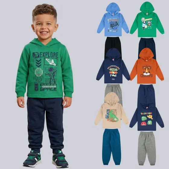 04 Peças Moletom Infantil Capuz Menino Kit Inverno 2 Conjunto Frio Estiloso Quentinho Algodão