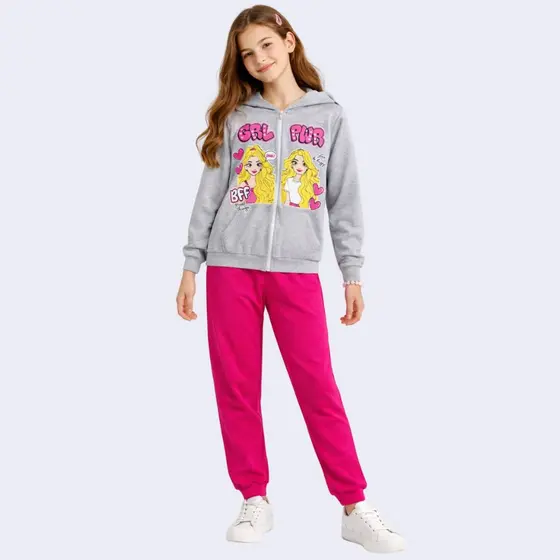 Conjunto Moletom Juvenil Feminino Infantil Menina Casaco e Calça Roupa Zíper Capuz Inverno Casual