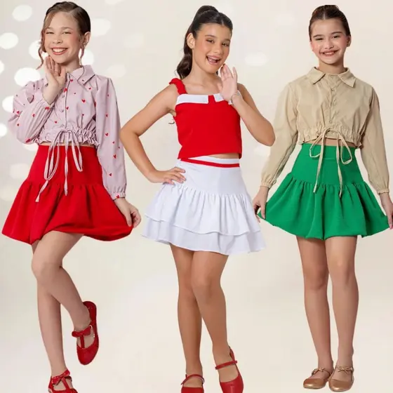 Conjunto Infantil Menina Combinadinho Saia Vermelha Balone Blusa Cropped Festa Blogueirinha