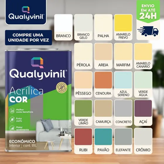 Tinta Acrílica Econômica Antimofo áreas Internas 18 Litros cores - Qualyvinil
