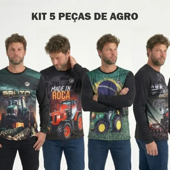 KIT 5 Camisa Agro Masculina UV Manga Longa Blusa Colheiteira Camiseta Dryfit Trator Brasil