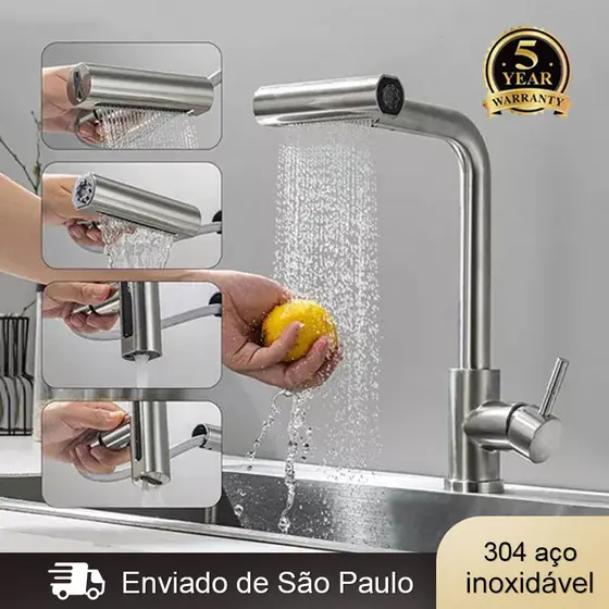 Torneira De Cozinha Água 4 Jatos Flexível Inox 304 Monocomando Com Spray Flexível Rotação de 360° Cor Prata Escovado