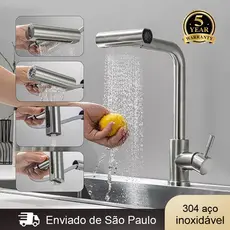 Torneira De Cozinha Água 4 Jatos Flexível Inox 304 Monocomando Com Spray Flexível Rotação de 360° Cor Prata Escovado