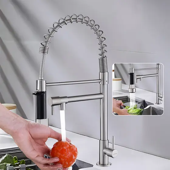 Torneira Cozinha Gourmet Inox para Bancada com Spray Flexível Com Dupla Função agua so frio