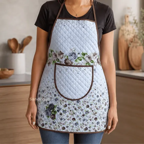 Avental com Bolso para Cozinha Feminino Estampa Marrom Buquê