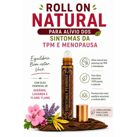 Roll On 100% Natural para Auxilio nos Sintomas da TPM e Menopausa com Óleos Essenciais Florin