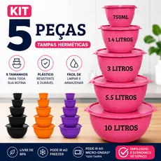 Kit 5 Potes Plásticos Saladeira 10L com Tampa Vedação Hermética Diversas Cores Kit Cozinha