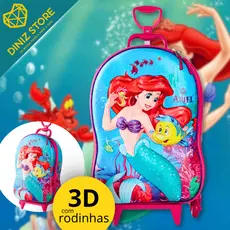 Mala Infantil Ariel Pequena Sereia 3D com Rodinhas Verde