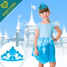 Fantasia Infantil Princesa Azul com Tiara Cinderela Festa Halloween