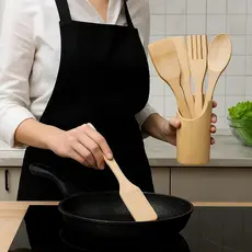 Kit Utensílios Cozinha Bambu 5 Peças Colher Espátula Madeira Natural Sustentável Talheres Antirrisco