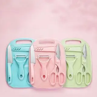 Kit 4 Peças Para Cozinha - Faca Tesoura Descascador Tábua Culinária Inox