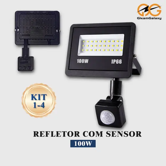 Refletor LED 100W Sensor Movimento, Super Brilho IP66 6500K, Durável Econômico 1-4 Kit
