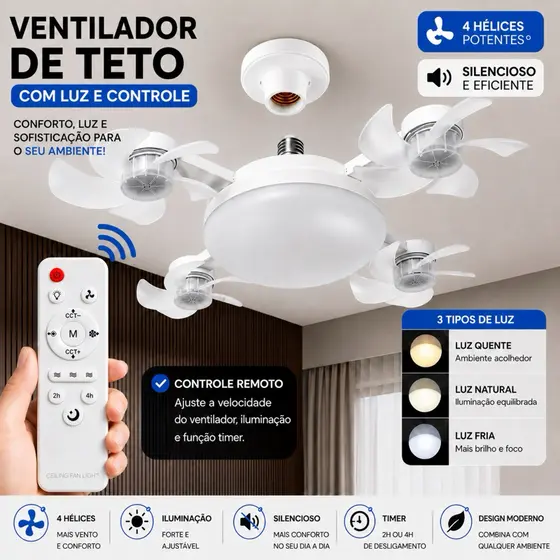 Ventilador de Teto Lustre LED E27 Silencioso com Controle Remoto 4 Mini Helices Integradas Bivolt
