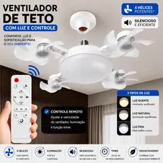 Ventilador de Teto Lustre LED E27 Silencioso com Controle Remoto 4 Mini Helices Integradas Bivolt
