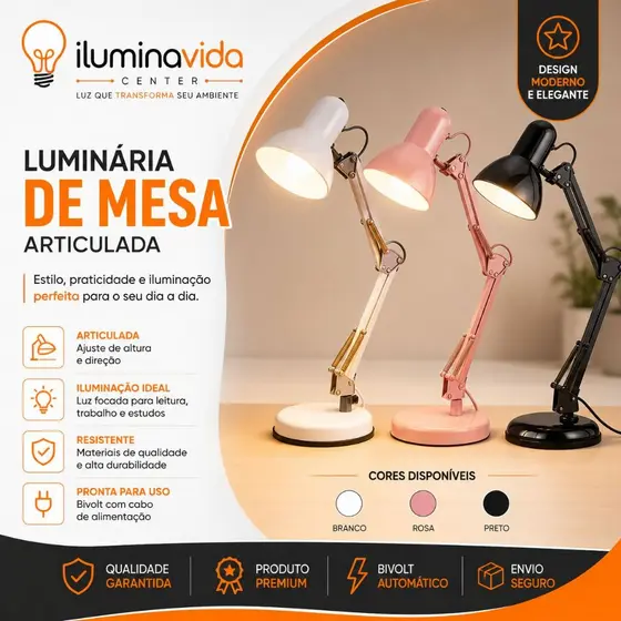 Luminária de Mesa Articulada Flexível Abajur Escritório Estudo Bivolt com Interruptor (Sem Lâmpada)