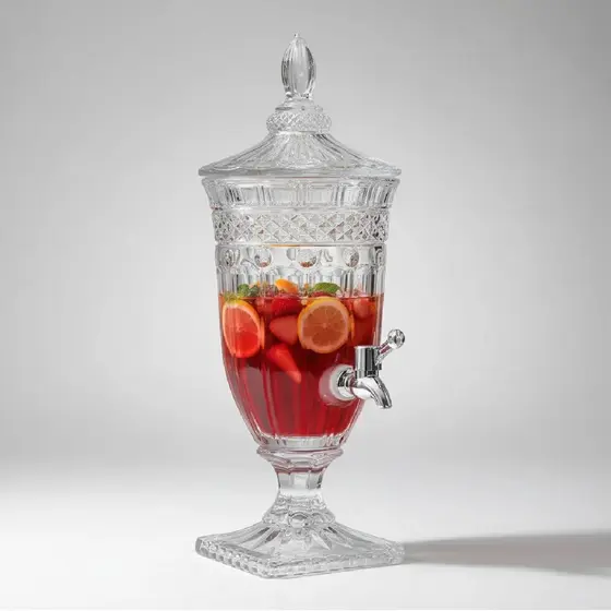 Suqueira Queen Vidro 1,8L Hauskraft, Dispenser Bebidas Luxo Agua Aromatizada Festa Com Torneira Mesa