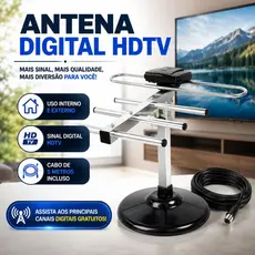 Antena Digital Interna e externa HDTV com cabo 5 Metros Base VHF UHF FM