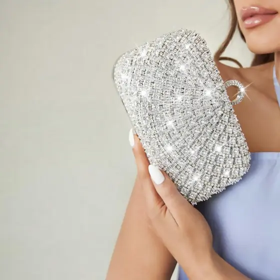 Bolsa de Jantar Feminina  Prata 2 em 1 Clutch com Corrente Removível para Festas Casamento Modelo Y1107