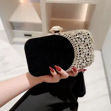 Bolsa Clutch Feminina Preta com Strass Champanhe e Alça Removível para Jantares e Festas Y1119
