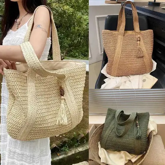 Bolsa Praia Feminina De Palha Sintética Grande Piscina Verão Lazer Com Lindo Penduricalho