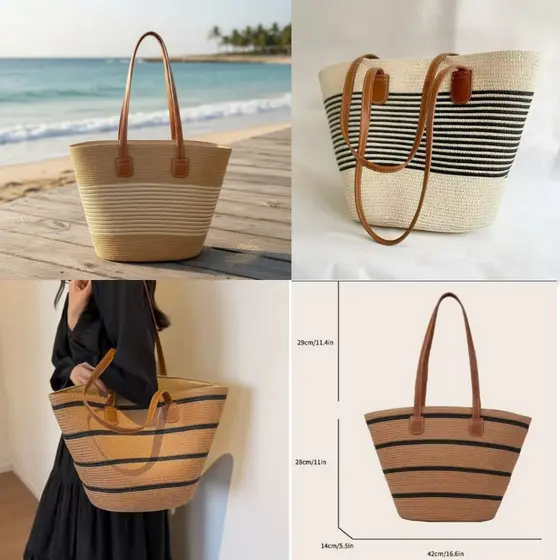 Bolsa de Praia Tote Feminina Listrada Grande Capacidade Verão Lazer Passeio de Ombro