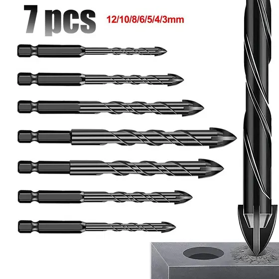 Kit 7Pcs Jogo De Brocas Hexagonais Cruzadas De 3-12mm De 4 Bordas Para De Porcelanato De Concreto Vidro