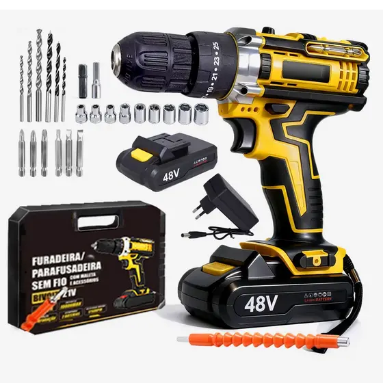Parafusadeira e Furadeira de Impacto 48V Sem Fio-Kit Completo com 2 Baterias Recarregáveis e Maleta