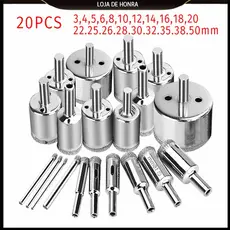 Jogo 20 Brocas Serra Copo Diamantadas Para Vidros Garrafas Mármore Cerâmica Piso Azulejos Porcelanatos De 3mm a 50mm
