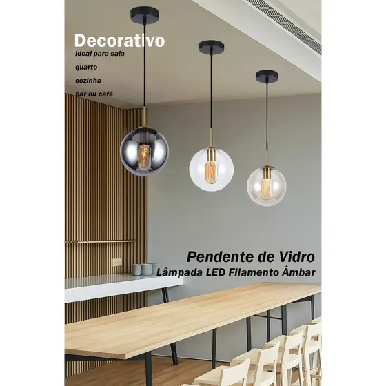 Conjunto Pendente de Vidro Decorativo Lâmpada LED Filamento Retrô 4W E27 Bivolt