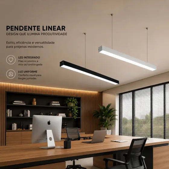 Pendente Luminária Slim Linear Retangular Led Integrado para Escritório 45w Preto e Branco 110/220v