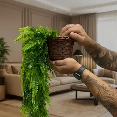 Kit Planta Decorativa: Vaso Trançado Marrom + 1 Pendente Artificial Folhas De Samambaia C/ Eucalipto